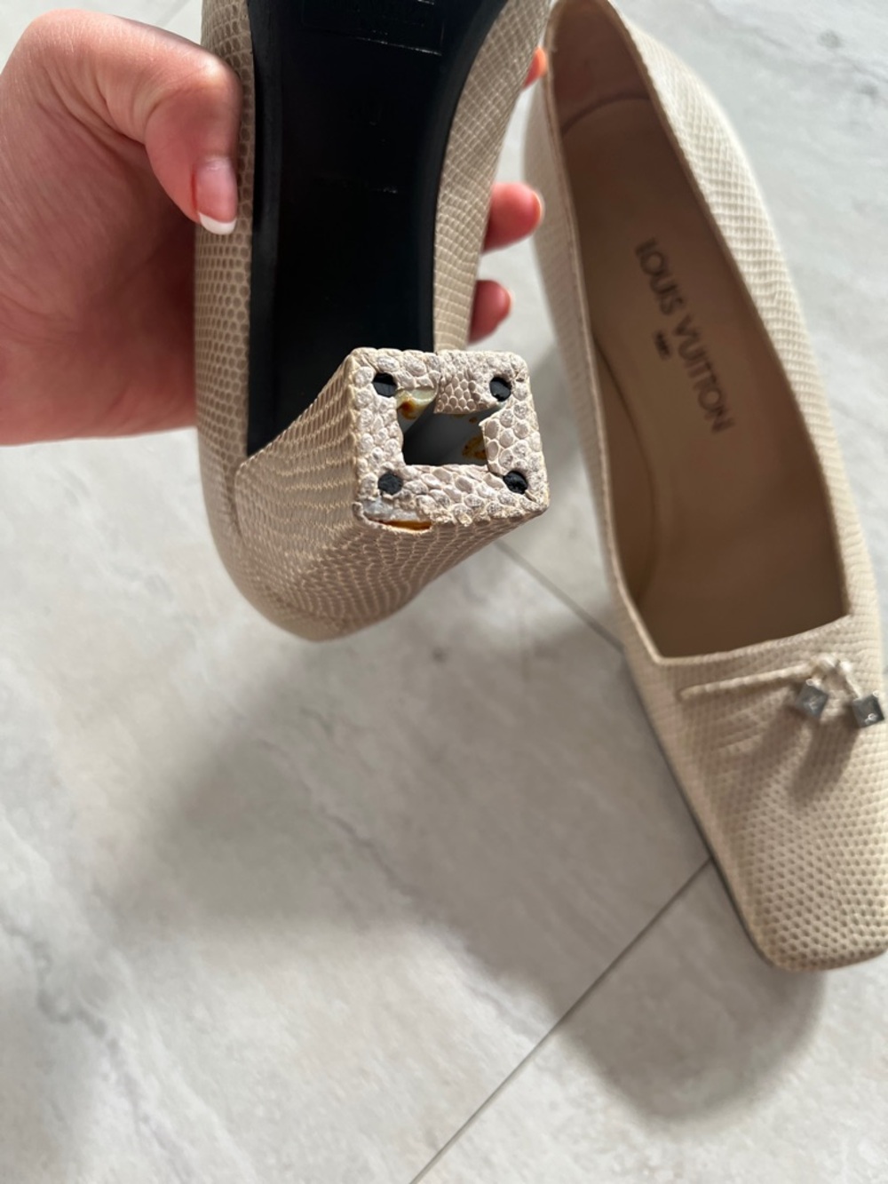 Louis Vuitton Beige Textured Square-Toe Flats with Metal Accents - Picture 5 of 5